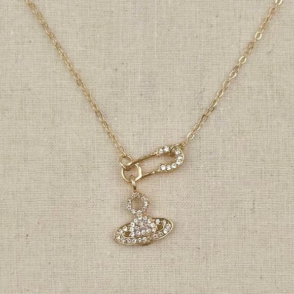 Y2K 2000s Rose Gold Iced Out Planet Necklace Unisex Vintage Chain New - Picture 5 of 10